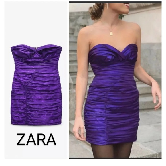 Zara Sweatheart Neckline Purple Ruched Strapless Mini Dress - Picture 3 of 6